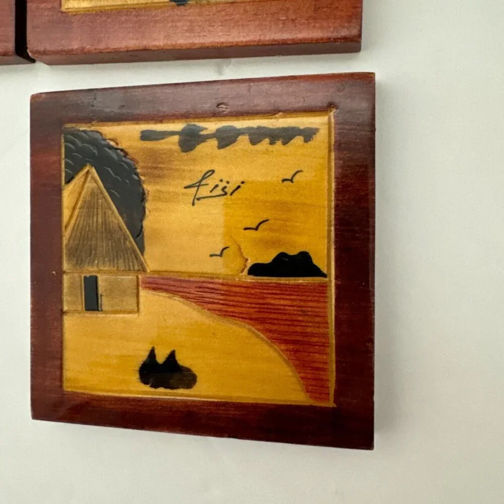 Vintage Bula Fiji Wood Carving Tropical Scene Set of 4 Carved Wooden Coaster